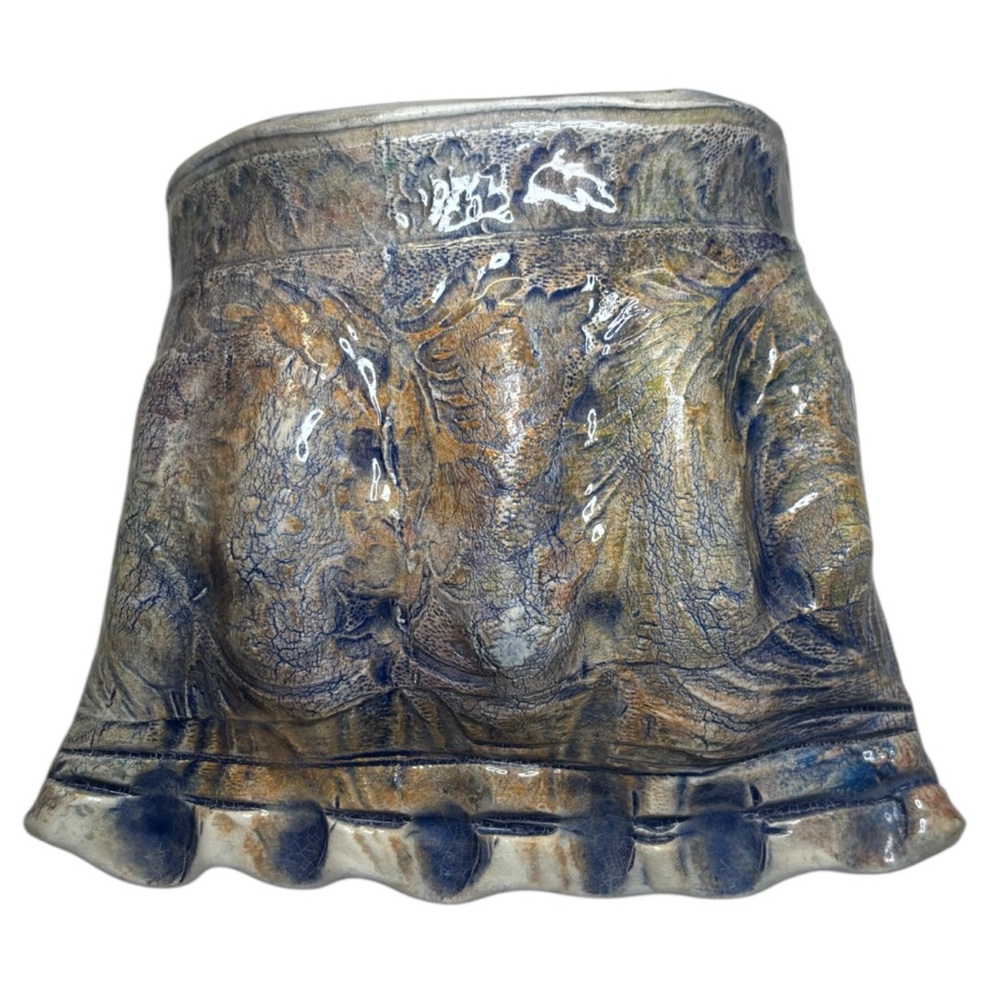 Stoneware Slab Studio Pottery Wall Pocket Vase Blue Hanging Ruffle Edge 8.5”